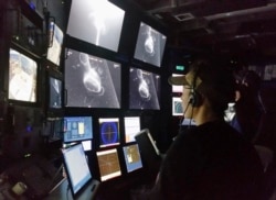 In this 2015 photo provided by the Monterrey Bay Aquarium Research Institute, Kakani Katija works in the remote operated vehicle control room on MBARI’s research vessel Western Flyer as the DeepPIV system illuminates a giant larvacean. (Kim Reisenbichler/MBARI via AP)