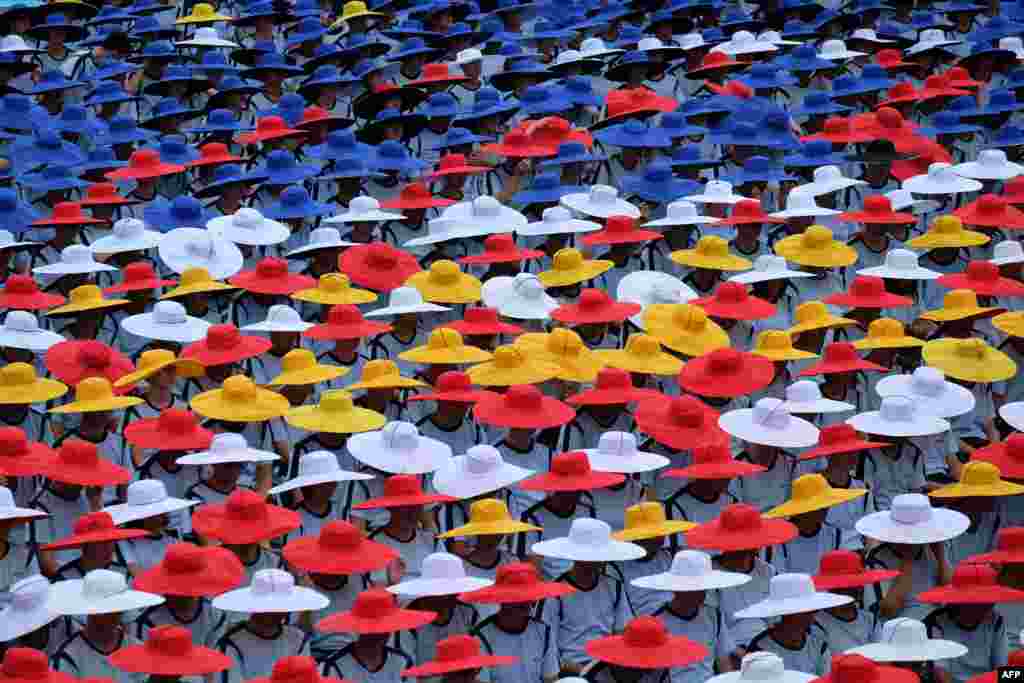 Student groups perform during National Day celebrations in front of the Presidential Palace in Taipei, Taiwan.