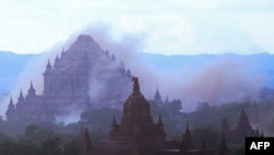 The ancient Sulamuni temple is seen shrouded in dust as a 6.8 magnitude earthquake hit Bagan, Myanmar, Aug. 24, 2016.