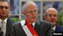 Peru's President Pedro Pablo Kuczynski speaks during a swearing-in ceremony at the Government Palace in Lima, Peru, Jan. 9, 2018.