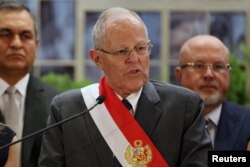 Peru's President Pedro Pablo Kuczynski speaks during a swearing-in ceremony at the Government Palace in Lima, Peru, Jan. 9, 2018.