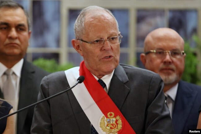 FILE - Peru's President Pedro Pablo Kuczynski speaks during a swearing-in ceremony at the Government Palace in Lima, Peru, Jan. 9, 2018.