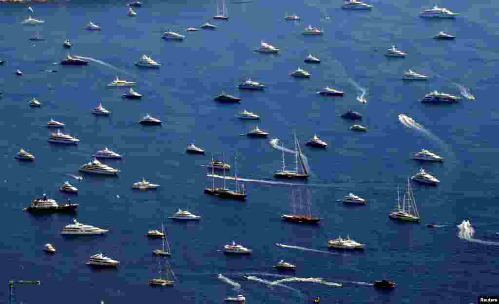 Luxury boats are seen during the Monaco Yacht show, one of the most prestigious pleasure boat shows in the world, highlighting hundreds of yachts for the luxury yachting industry, and featuring 580 leading companies, in the bay of Monaco.