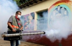 A federal health worker takes part in fumigation to prevent the proliferation of mosquitos that transmit the Dengue fever at the San Lorenzo National School, in a low-income neighbourhood of San Lorenzo, Paraguay February 12, 2020. (REUTERS/Jorge Adorno)