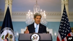 Secretary of State John Kerry makes a statement about Syria at the State Department in Washington, Aug. 30, 2013. 