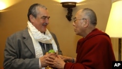 His Holiness the Dalai Lama in meeting with the Czech foreign minister Karel Schwarzenberg at the Boscolo hotel in Prague, December 11, 2011.