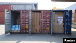 FILE - Medicine supplies stacked in containers are seen after shipments to North Korea were delayed at a port in Pyeongtaek, South Korea, Feb. 25, 2016, in this photo released by the Eugene Bell Foundation. 