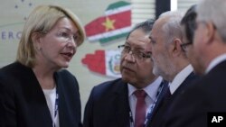 Venezuela's Chief Prosecutor Luisa Ortega Diaz, left, talks with her counterparts during a meeting of Mercosur trade bloc prosecutors, in Brasilia, Brazil, Aug. 23, 2017. Brazil's attorney general is sharply criticizing the recent ouster of his cou
