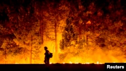 A firefighter battling the King Fire watches as a backfire burns along Highway 50 in Fresh Pond, California September 16, 2014. 