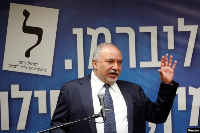 Israel's former Defence Minister Avigdor Lieberman speaks during his Yisrael Beitenu party faction meeting at the Knesset, Israel's parliament, in Jerusalem, May 27, 2019.