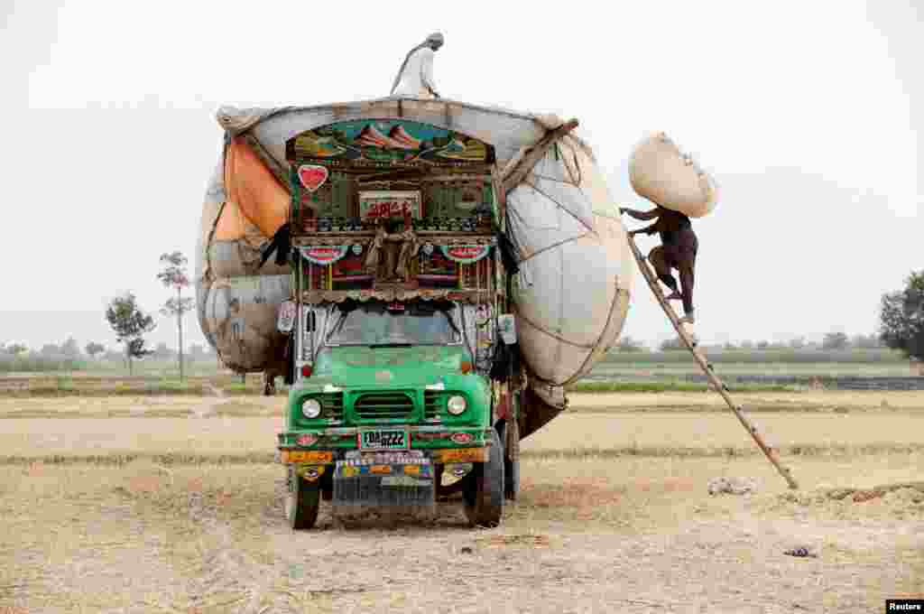 Workers load straw onto a decorated truck outside Faisalabad, Pakistan.