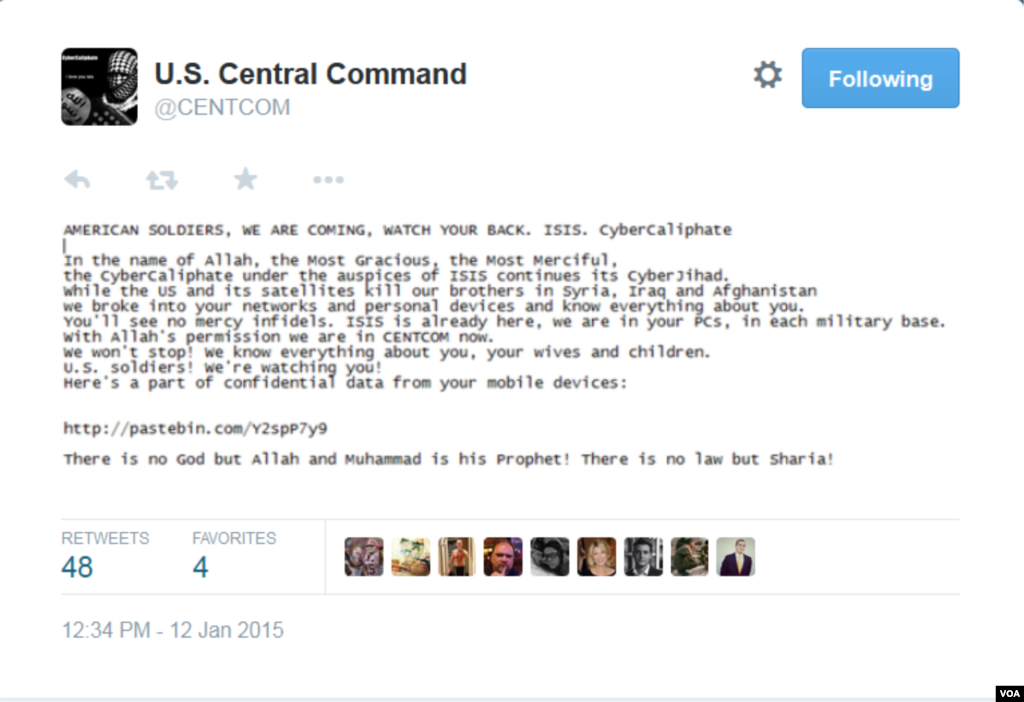 Screen shot da conta de Twitter do Comando Central americano atacado por hackers que se dizem leais ao Estado Islâmico, parte da mensagem diz: &quot;Soldados americanos, nõs estamos a chegar, fiquem atentos (...) Jan. 12, 2015.