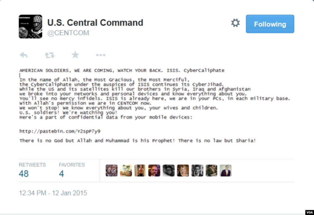 Screen shot of the U.S. Central Command Twitter account that was taken over by hackers who say they are loyal to the Islamic State group, Jan. 12, 2015.