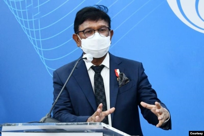 Menkominfo Johnny G. Plate dalam Konferensi Pers di Media Center Kantor Kementerian Kominfo, Jakarta, Senin (27/09/2021). -AYH. (Foto: kominfo.co.id)