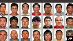 Composite picture of the 33 miners trapped in the San Jose mine in Copiapo, 800 km north of Santiago, Chile. (L to R) Alex Vega, Ariel Ticona, Carlos Barrios, Carlos Bugueno, Carlos Mamani, Claudio Acuna, Claudio Yanez, Daniel Herrera, Dario Segovia, Edis