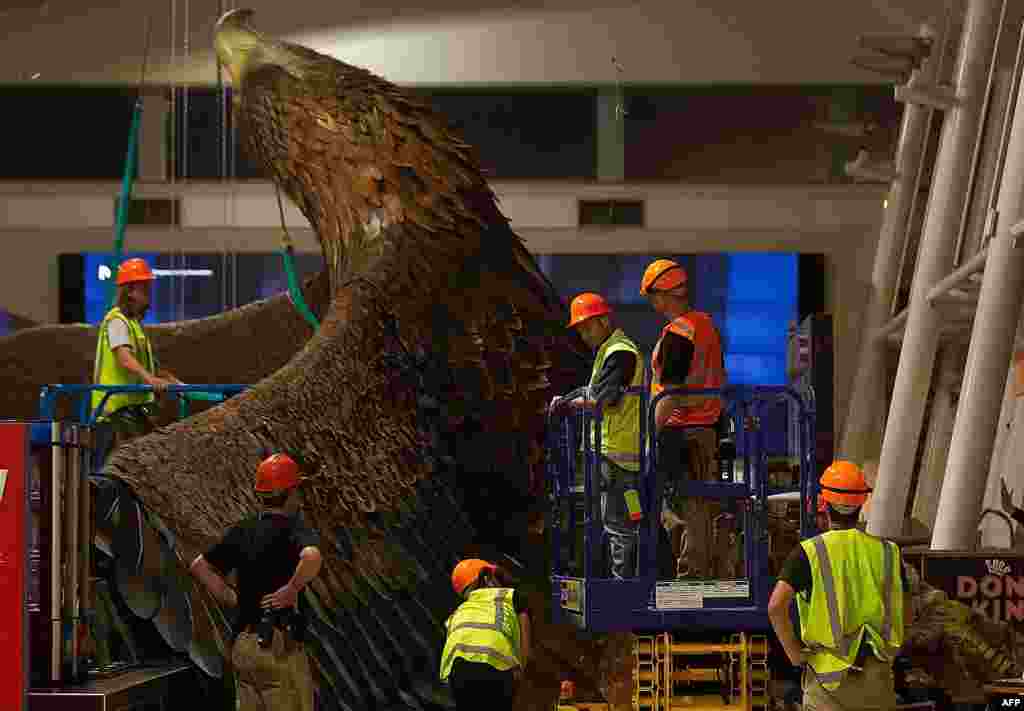 Workers secure a giant eagle sculpture after it fell from the roof inside the airport building in Wellington, New Zealand, after a 6.3-magnitude earthquake.