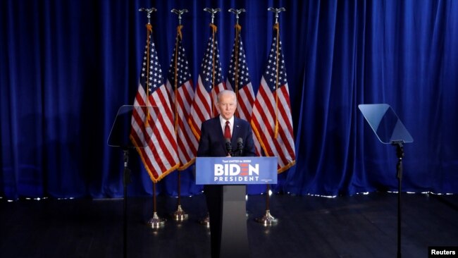 美国民主党总统参选人拜登在纽约发表演讲（2020年月7日）。