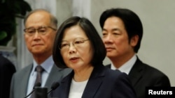 Taiwanese President Tsai Ing-wen speaks to the media after Burkina Faso ends diplomacy relationship with Taiwan, in Taipei, Taiwan, May 24, 2018. 