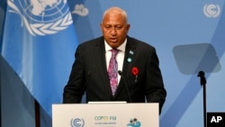 Fiji's Prime Minister Frank Bainimarama talks at the opening of the COP 23 UN Climate Change Conference in Bonn, Germany, Nov. 6, 2017. 
