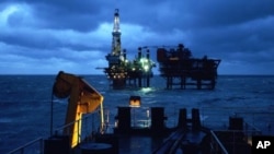 China National Offshore Oil Corporation's (CNOOC) oil rigs are shown in China's Liaodong province in Bohai Bay, February 3, 2005. (file photo)