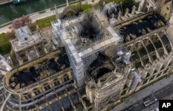 An image made available by Gigarama.ru on April 17, 2019 shows an aerial shot of the fire damage to Notre Dame cathedral in Paris, France.