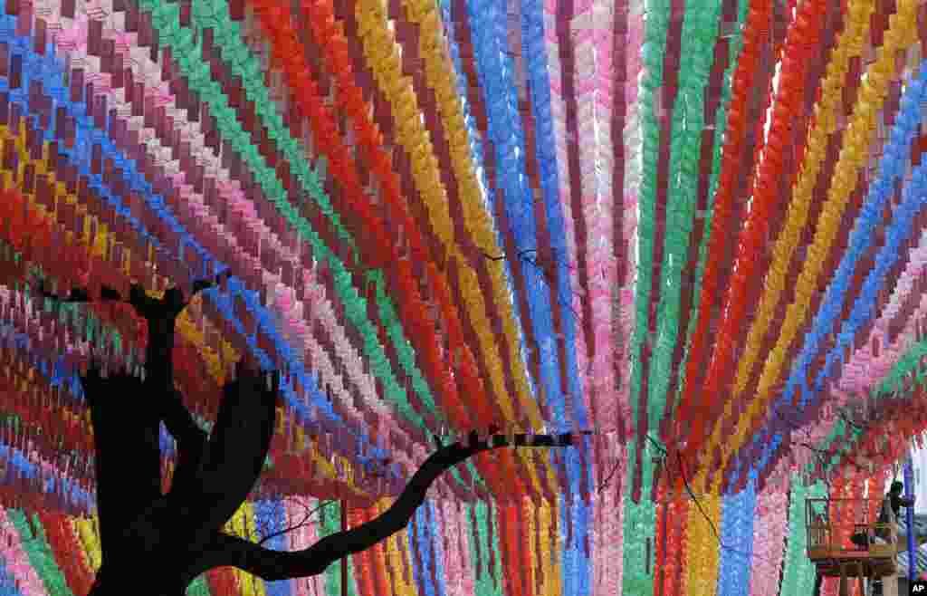 A man works near lanterns in preparation for the upcoming celebration of Buddha&#39;s birthday at the Jogye temple in Seoul, South Korea.