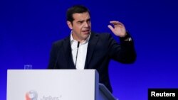 Greek Prime Minister Alexis Tsipras delivers a speech during the opening of the annual International Trade Fair of Thessaloniki, in Thessaloniki, Greece, Sept. 8, 2018. 