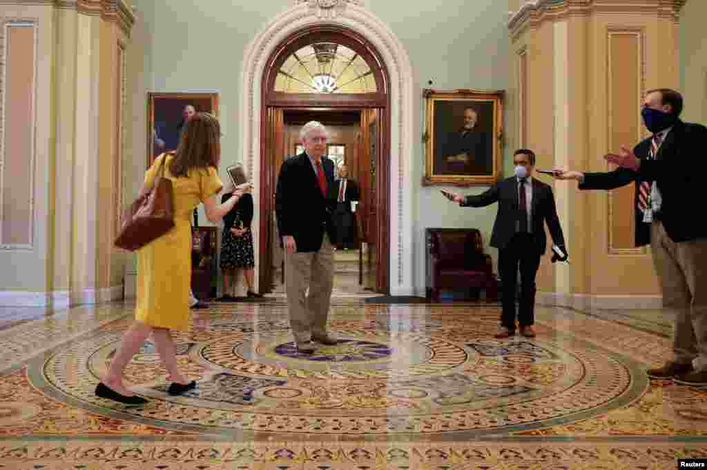 U.S. Senate Majority Leader Mitch McConnell (R-KY) speaks to members of the news media on Capitol Hill in Washington, D.C.