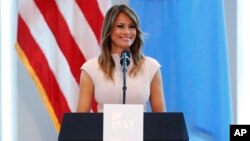 First lady Melania Trump speaks during a reception at the United States mission to the United Nations, Sept. 26, 2018, in New York.