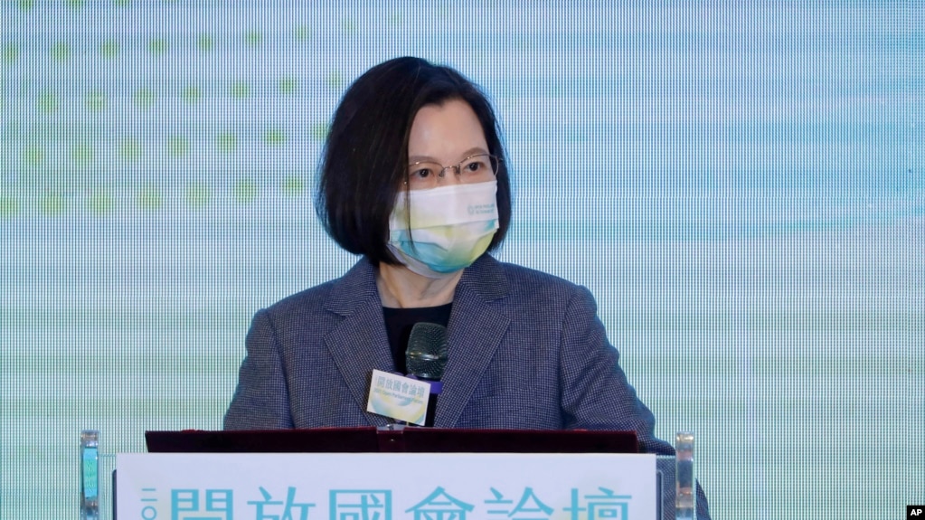 FILE - Taiwan's President Tsai Ing-wen delivers a speech during the opening of the 2021 Open Parliament Forum in Taipei, Taiwan, Dec. 2, 2021. Taiwan will be among the participants of a Summit for Democracy hosted by U.S. President Joe Biden. 