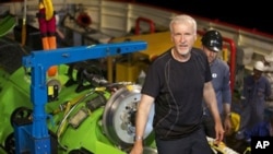 Film director James Cameron with small submarine before visit to Mariana Trench.