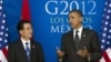 지난 6월 멕시코에서 열린 G20 정상회담에서 담소 중인 후진타오 중국 국가주석(왼쪽)과 바락 오바마 미국 대통령. (자료사진)