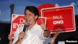 Canada's Liberal Prime Minister Justin Trudeau speaks at an election campaign stop on the last campaign day before the election, in Winnipeg, Manitoba, Canada, Sept. 19, 2021. 