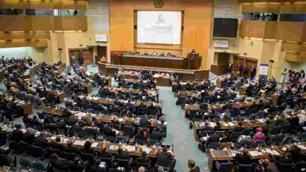 Delegates gather for the opening of The Third International Conference on Financing for Development, held in Addis Ababa, Ethiopia Monday, July 13, 2015. According to the organizers, the conference which runs from July 13-16 is intended to gather world leaders to "launch a renewed and strengthened global partnership for financing people-centered sustainable development". (AP Photo/Mulugeta Ayene)