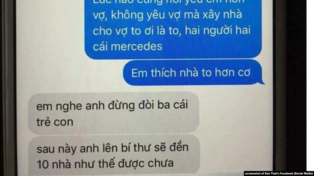 Ảnh chụp tin nhắn bị cho là giữa một phó bí thư đảng của Thanh Hóa với bồ nhí