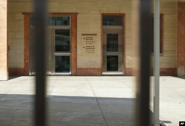 FILE - The consular services office of the U.S. consulate is seen with its gates closed, in Istanbul, Turkey, Oct. 9, 2017.
