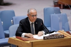 FILE - Afghanistan's U.N. ambassador Ghulam Isaczai addresses the United Nations Security Council at the United Nations in New York City, New York, Aug. 16, 2021.