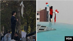 اعتراض ویدا موحد به حجاب اجباری در خیابان انقلاب تهران در دی ۹۶ (چپ) و آبان ۹۷. 