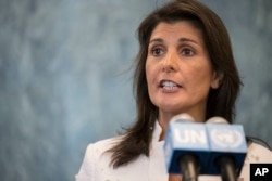 FILE - U.S. Ambassador to the United Nations Nikki Haley speaks to reporters at United Nations headquarters, July 20, 2018.