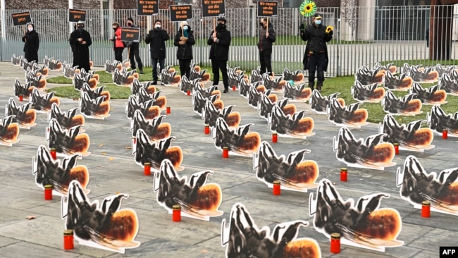 FILE - Environmental activists of Campact group stage a protest with some 200 oversized cardboard bees installed in front of the Chancellery on December 2, 2020 in Berlin, to call for more insect protection. (Photo by Tobias Schwarz / AFP)