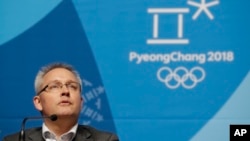 Matthieu Reeb, secretary general of the Court of Arbitration for Sport, speaks during a press conference about Russian athletes who are challenging the decisions taken by the Disciplinary Commission of the International Olympic Committee (IOC DC) ahead of the 2018 Winter Olympics in Pyeongchang, South Korea, Feb. 1, 2018.