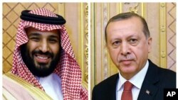 FILE – This combination photo shows Saudi Crown Prince Mohammed bin Salman, left, and Turkey's President Recep Tayyip Erdogan prior to their meeting in Jiddah, Saudi Arabia, July, 23, 2017.