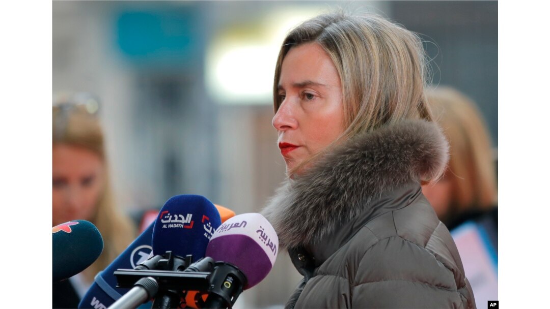 European Union foreign policy chief Federica Mogherini speaks to media before a meeting of EU foreign ministers in Bucharest, Romania, Jan. 31, 2019.