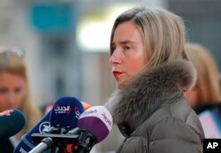 European Union foreign policy chief Federica Mogherini speaks to media before a meeting of EU foreign ministers in Bucharest, Romania, Jan. 31, 2019.