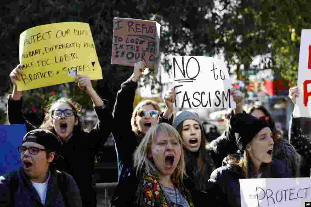 Demonstrators gather to protest following President-elect Donald Trump's election victory in the Manhattan borough of New York, Nov. 10, 2016.