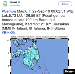 Data BMKG menunjukkan terjadinya gempa berkekuatan 6,7 skala richter di Melonguane, Sulawesi Utara