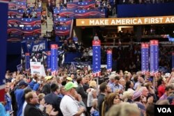 Delegates are on their feet at the Republican National Convention, in Cleveland, July 20, 2016.