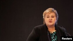 FILE PHOTO: Norway's Prime Minister Erna Solberg speaks during India-Norway Business Conference in New Delhi, India, Jan. 7, 2019. 