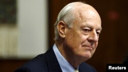 FILE - U.N. mediator for Syria Staffan de Mistura attends peace talks at the United Nations in Geneva, Switzerland, Feb. 1, 2016. 