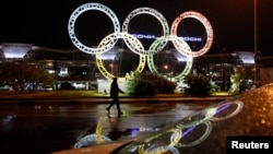 Олимпийская символика у входа в международный аэропорт города Сочи (архивное фото).
